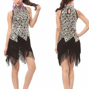 1920s Flapper Dress Party Gatsby Gold Sequin Black Tassel EUC Never Worn